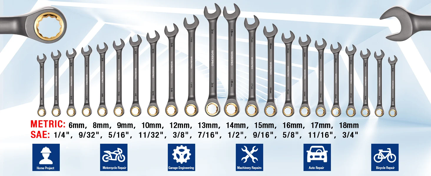 Assorted metric and SAE wrench set with innovation and quality shown on a blue and white background