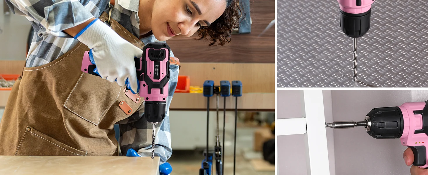 Innovation and quality shown as a worker uses a pink and black drill with a metal bit on a workbench