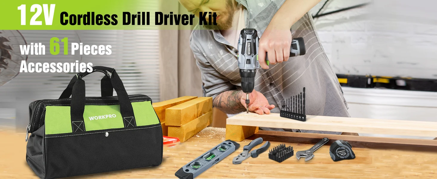Cordless drill driver kit with innovation and quality, a green tool bag and wood pieces on a workbench
