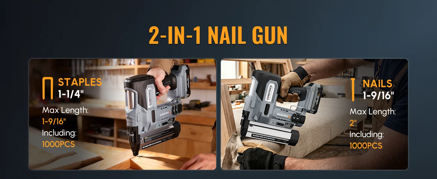 Nail gun marketing graphic showing stapling and nailing with 2 in 1 nail gun, 1000PCS, and max length text