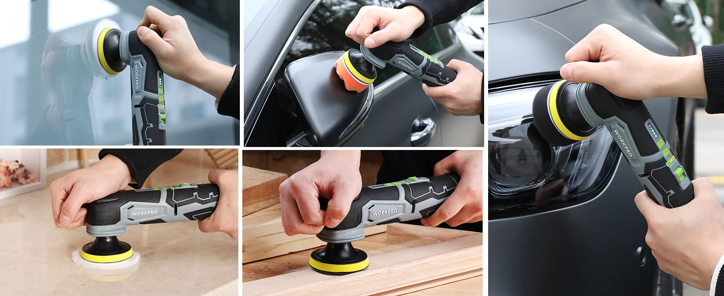 Hands sanding a car panel and wooden surface with a cordless Workpro tool, showing innovation and quality