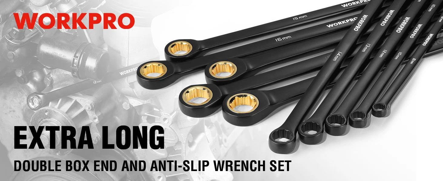 Wrench set with black double box ends and gold ridged sockets, shown with WORKPRO branding and sizes