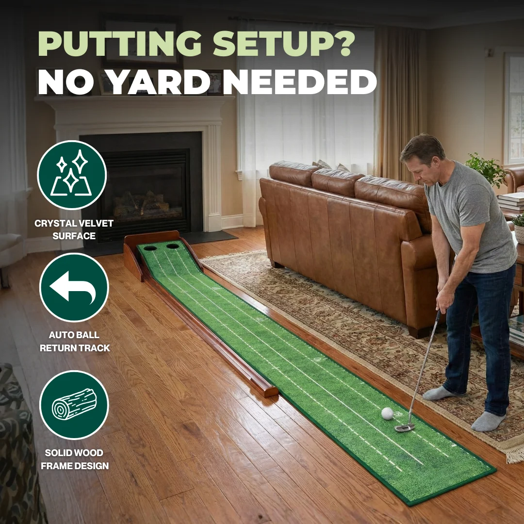 Indoor Golf Putting Mat with Wooden Base and Auto Ball Return