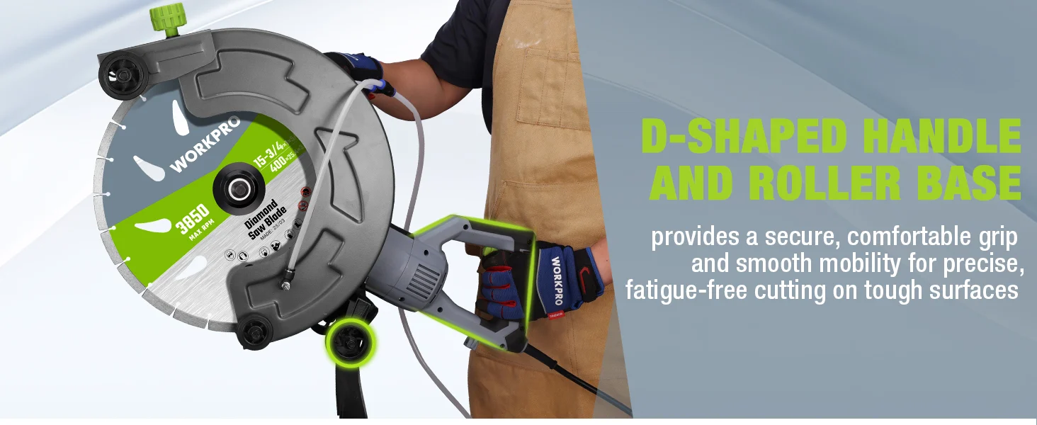 Power saw with WORKPRO blade, D shaped handle and roller base, showing innovation and quality for secure cutting