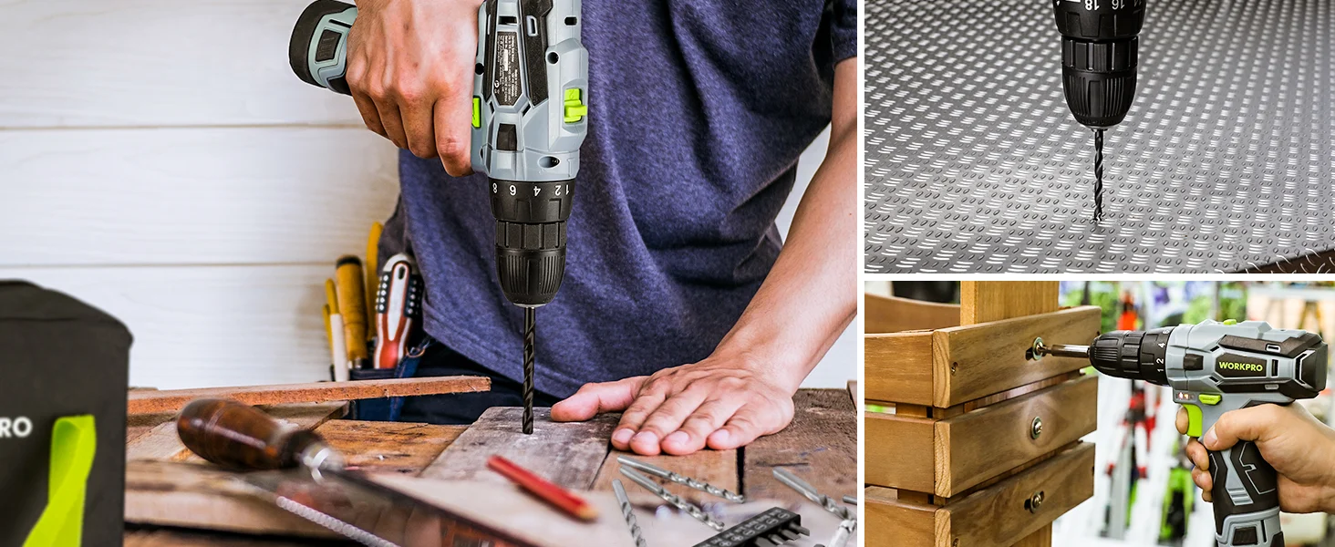 Hand drilling wood with a power drill, showing innovation and quality in a workshop setting