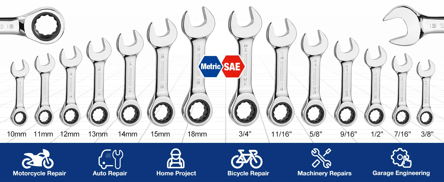 Set of metric and SAE wrenches with sizes labeled, including 10mm to 3 8 inch, on a tool chart