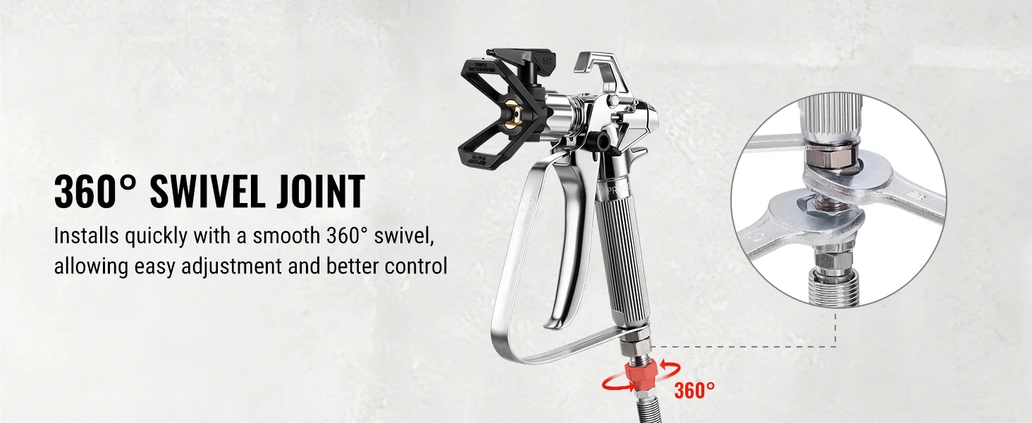 Metal spray gun with 360 degree swivel joint and close up of threaded connection, showing innovation and quality