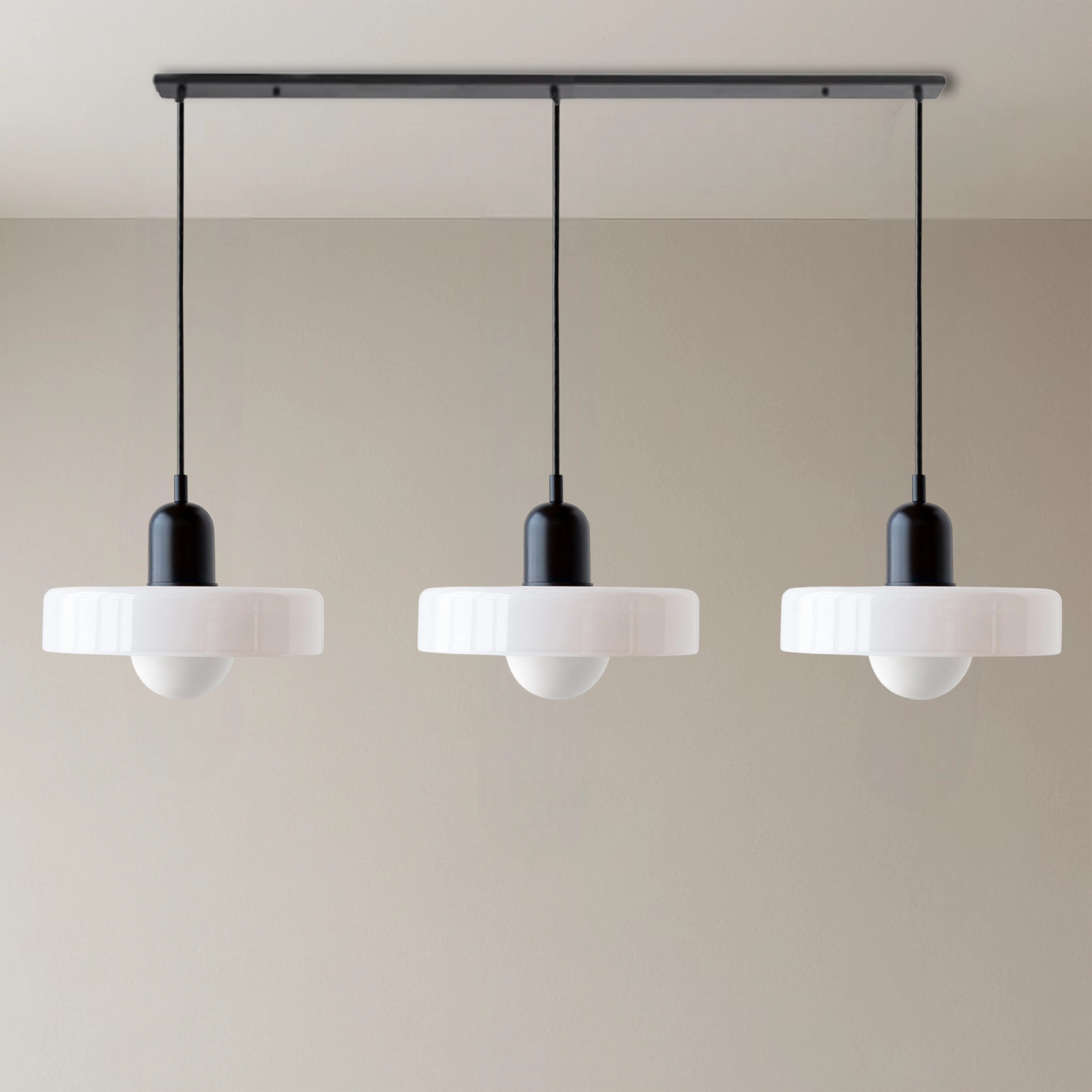 Trio of Colored Glass Pendant Light with Adjustable Height