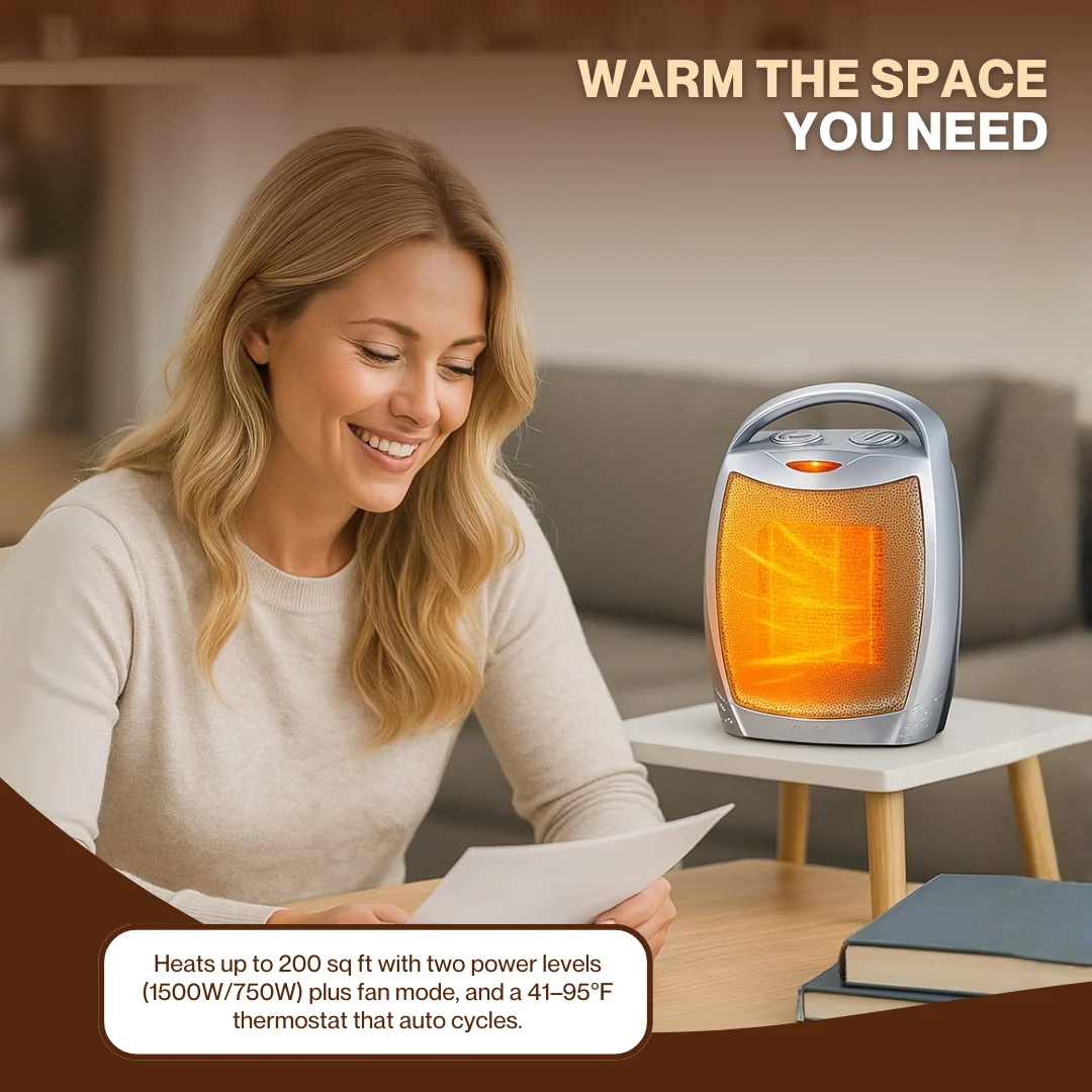 Portable Ceramic Space Heater with Thermostat, Fan, and Auto Shutoff