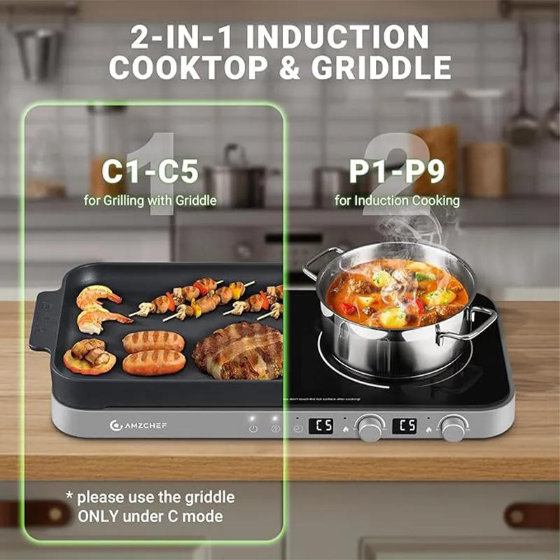AMZCHEF 1800W 2-Burner Induction Cooktop with Removable Griddle Pan | 9 Power Levels 3