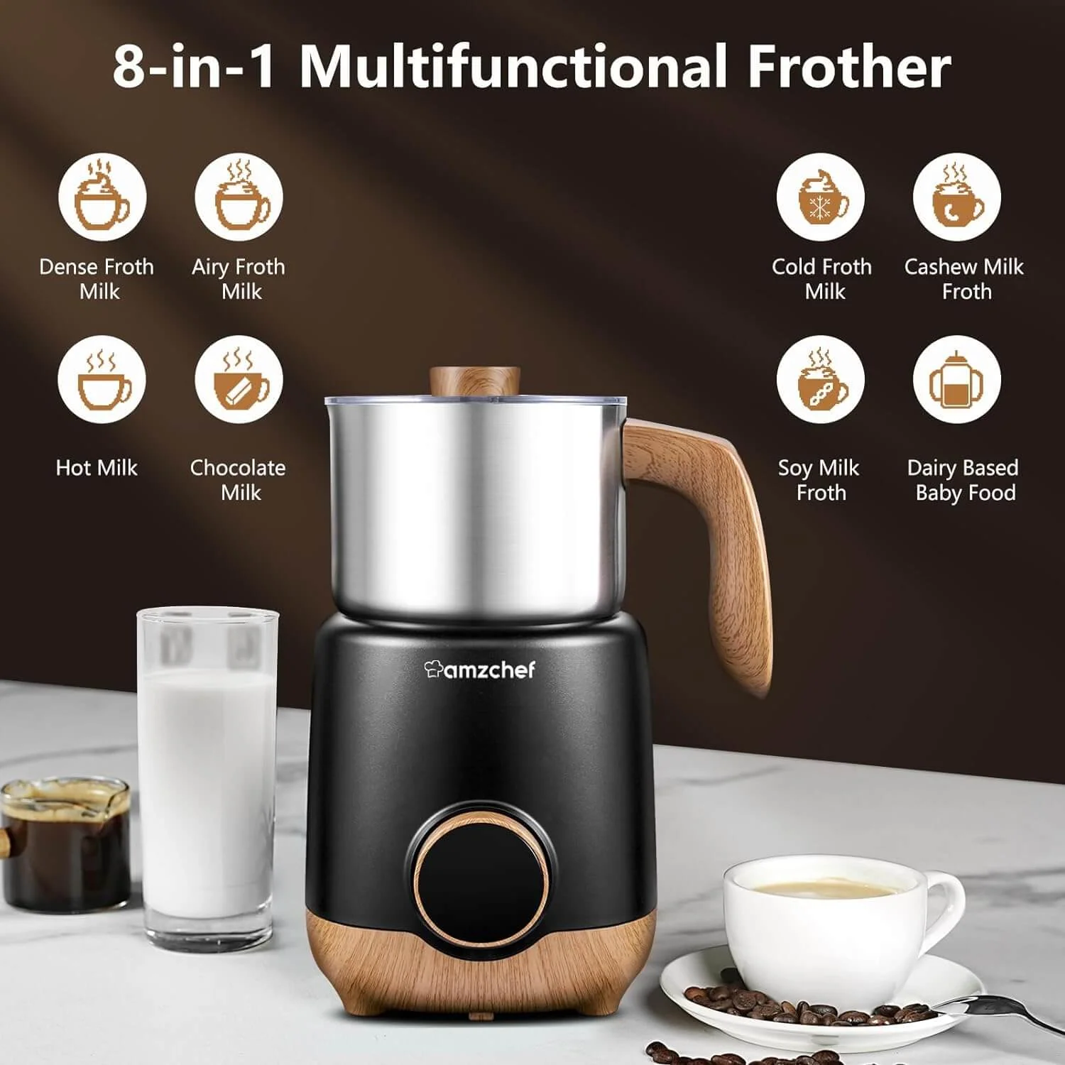 AMZCHEF 8-IN-1 Multifunctional Automatic Milk Frother Steamer 4