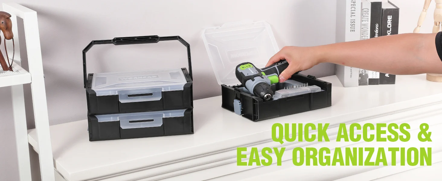 Power tool case with open organizer boxes, a hand inserting a drill, showing innovation and quality storage