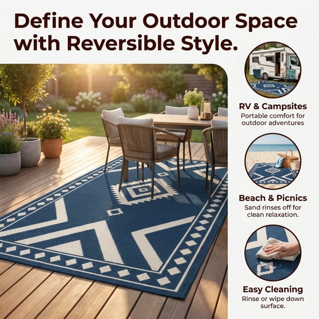Reversible 5 x 8 ft Area Rug for Patio Deck Porch RV Camping