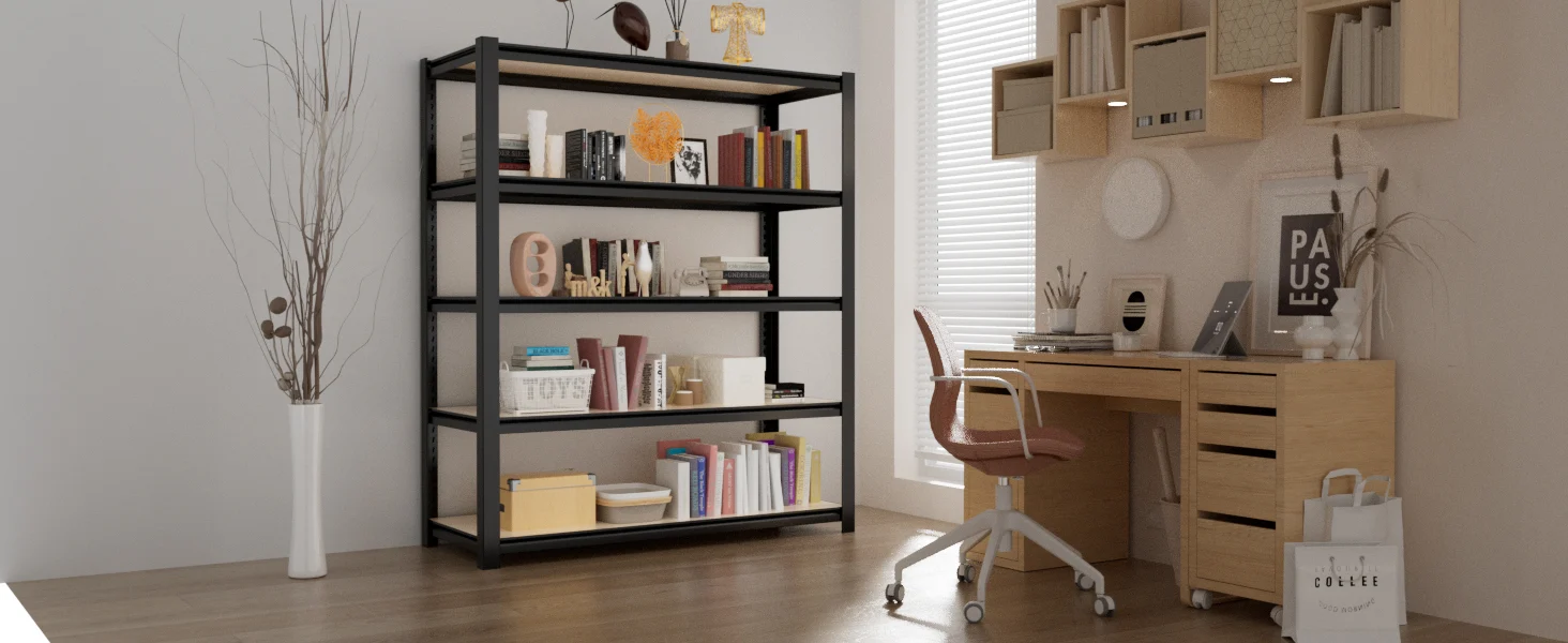 Office workspace with metal shelving, books, and desk setup, showing innovation and quality in a tidy room