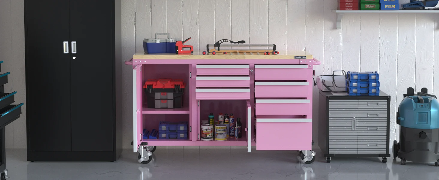 Workshop tool cabinet with open drawers and shelves, innovation and quality shown in a tidy garage setting