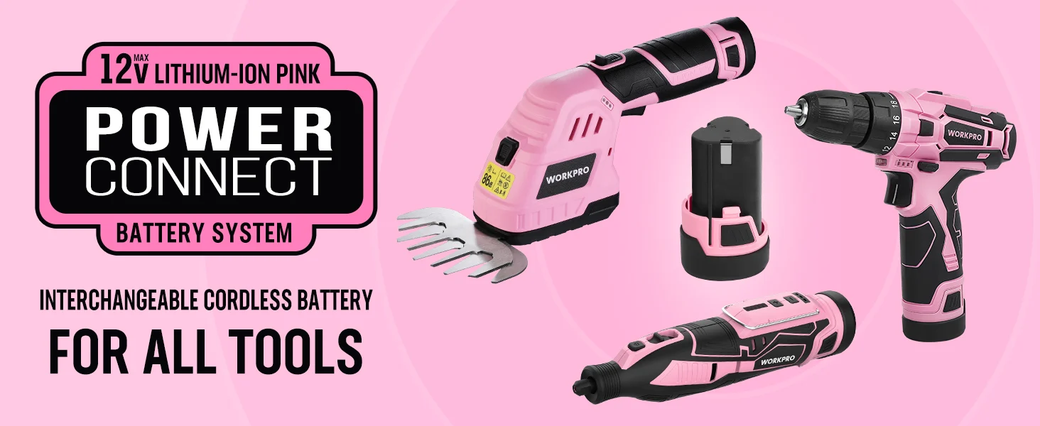 Power connect battery system shows pink cordless drill and battery pack, with innovation and quality for durable use