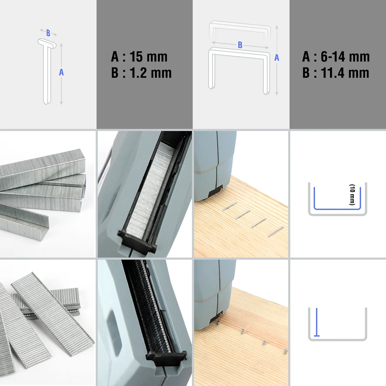 Staples and a stapler mechanism with measurements, showing innovation and quality for durable, secure fastening