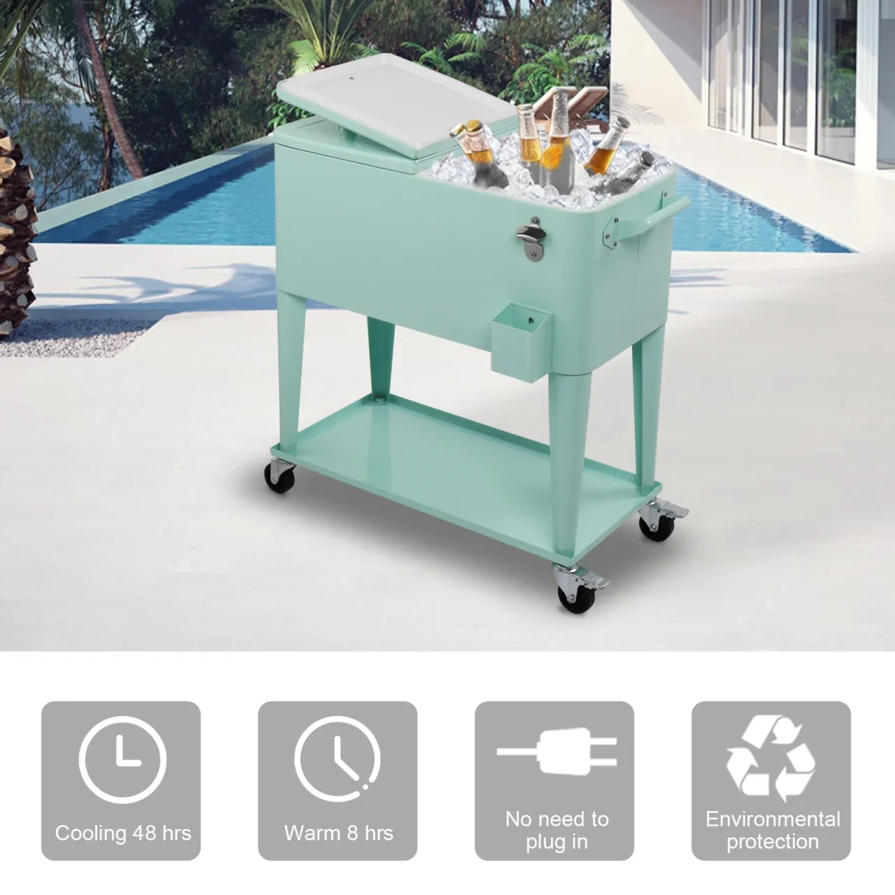 80Qt All-In-One Cooler Cart With Bottle Opener, Lower Storage Shelf and Cap Catcher, Outdoor Party Rolling Cooler With Lockable Wheels For Pool Side, Patio, Balcony, Mint(33.07 x 15.16 x 35.83)" - Image 9
