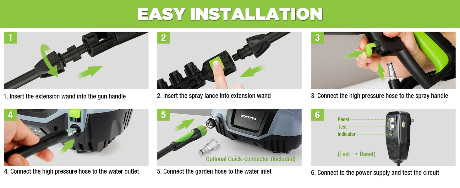 Six-step diagram for a high pressure washer, showing hose and wand connections with an easy installation label
