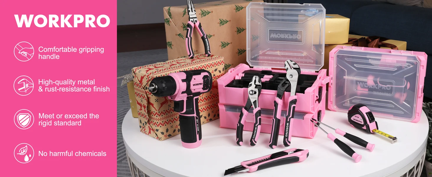 Workpro tool set with pink power drill, pliers, and storage cases, showing innovation and high-quality durable design