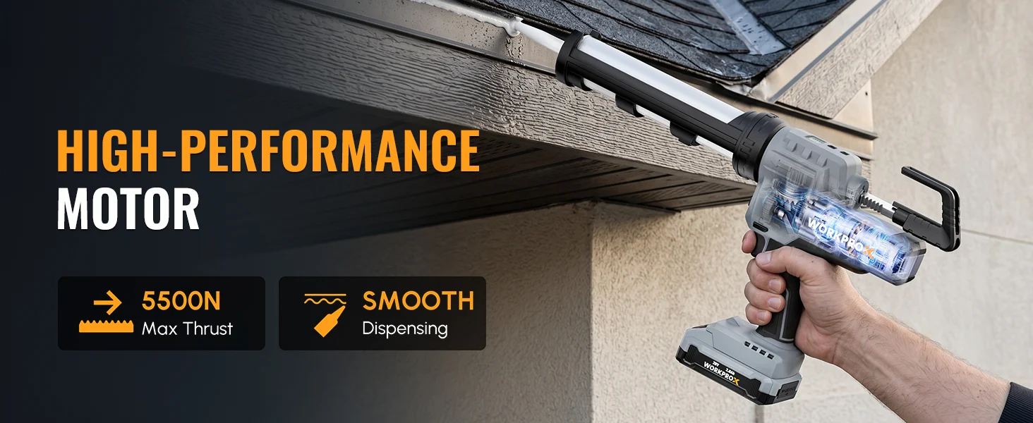 Handheld caulking gun applying sealant along a textured wall, with innovation and durable quality shown