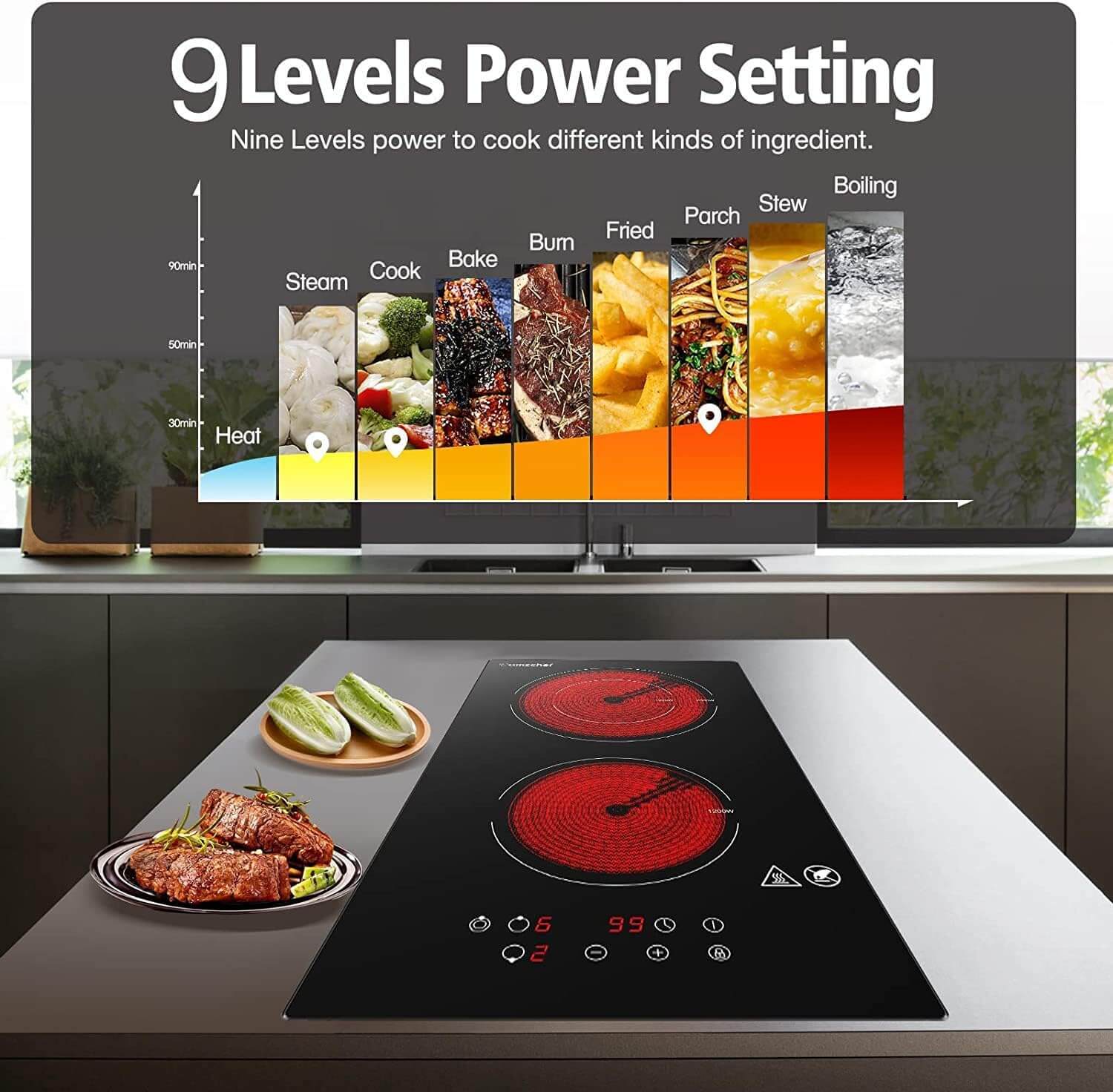 AMZCHEF 2 Burner Electric Induction Ceramic Cooktop 12 Inch 1800W 3