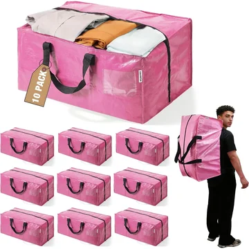 WORKPRO 10 Pack Extra Large Moving Bags with Zippers & Carrying Handles Backpack Straps, Heavy-Duty Storage Tote for Space Saving Moving Storage (Pink)