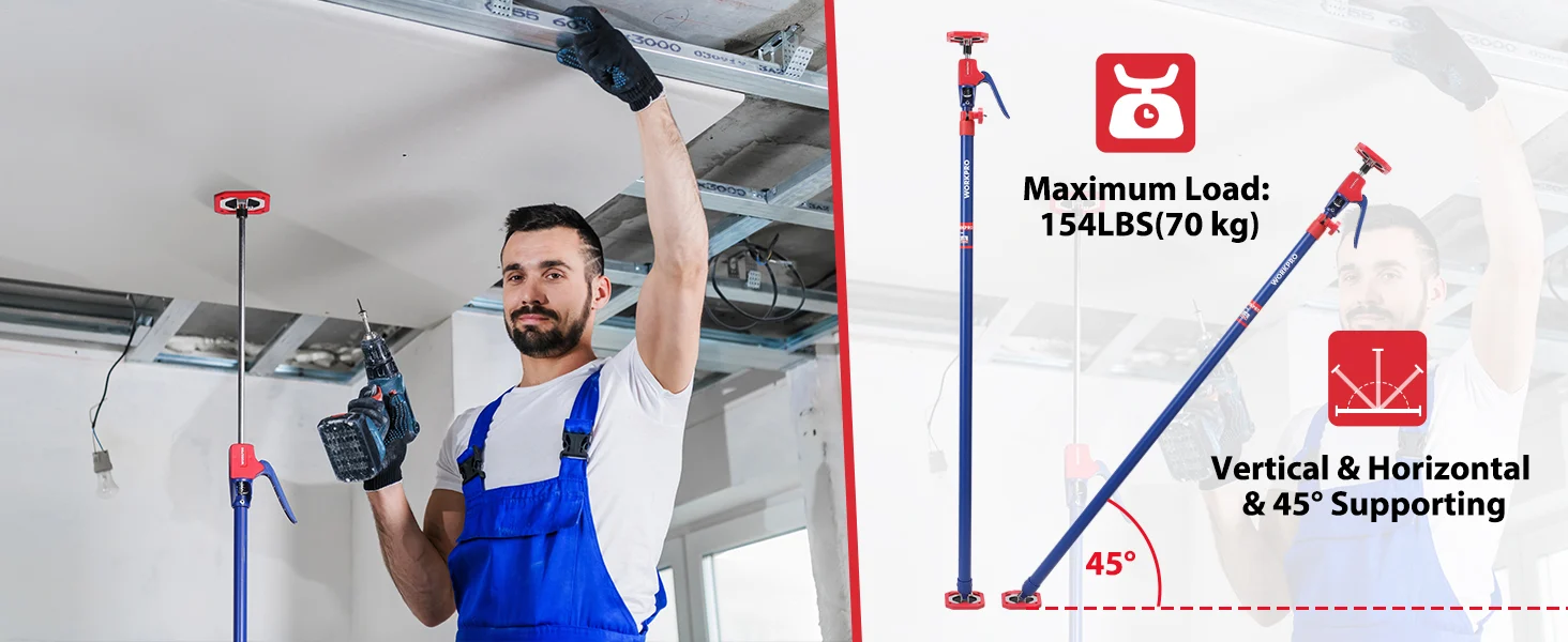 Man installing a blue ceiling support pole with drill and tools, showing maximum load 154LBS and 45 degree support