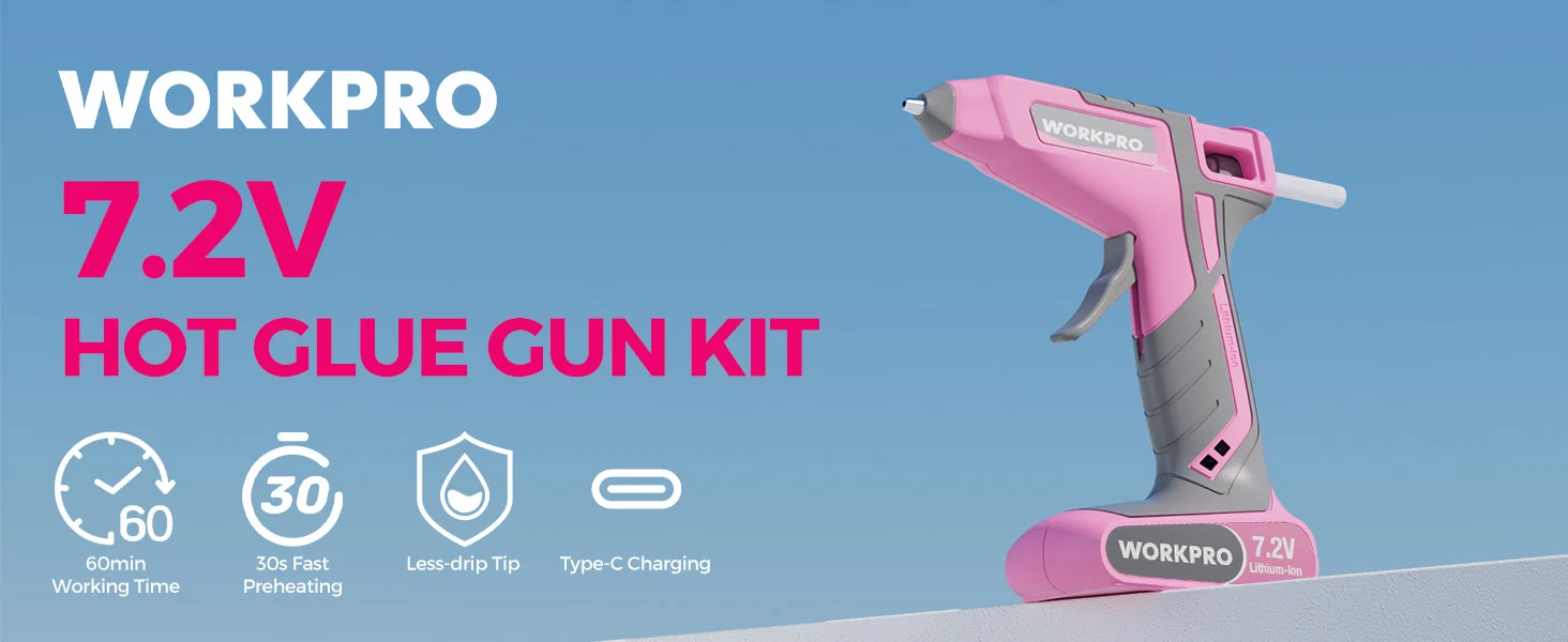 Pink Workpro hot glue gun on a blue background with 7.2V and Type C charging, showing innovation and quality
