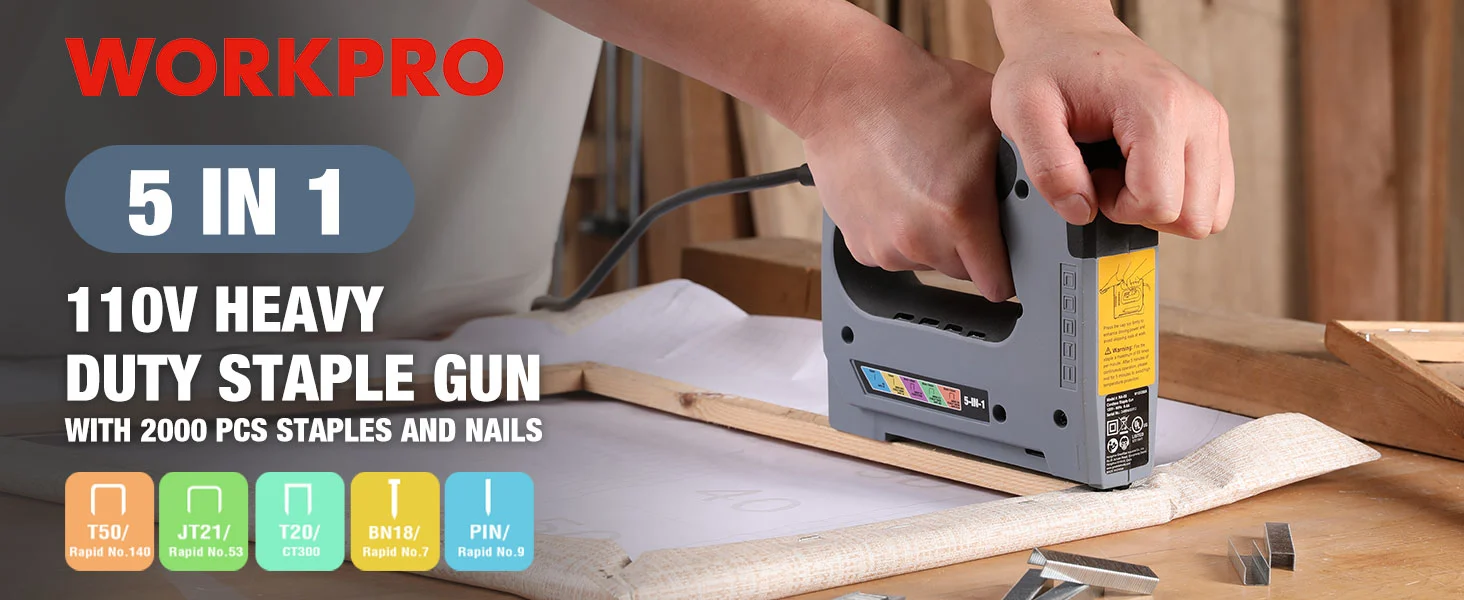 Staple gun in use on wooden boards, with 5 in 1 110V heavy duty text and staple icons