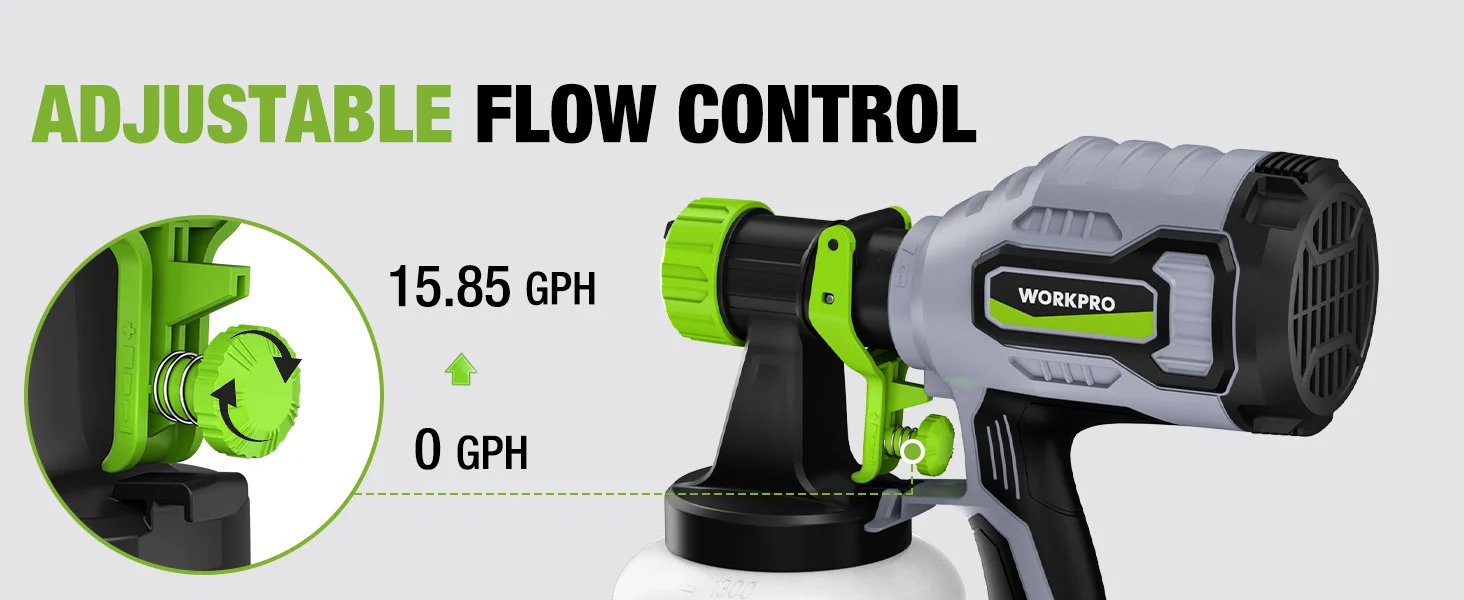 Adjustable flow control on a gray and green power tool with a dial showing 15.85 GPH and 0 GPH