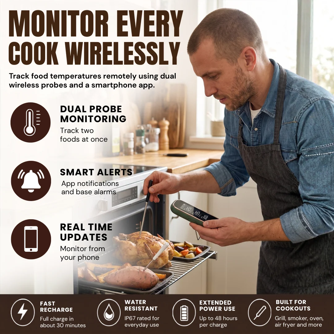 Wireless Bluetooth Meat Thermometer with Dual Probes and App Control