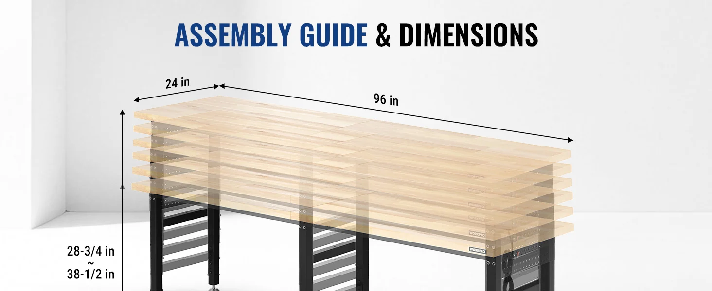 Assembly guide and dimensions diagram over a wooden workbench with measurements and labeled height and length