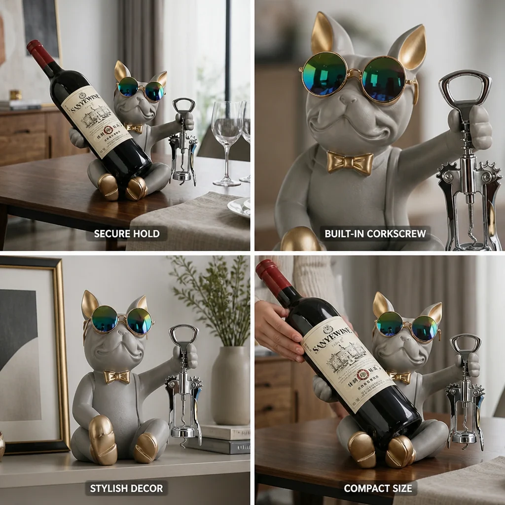Wine Bottle Holder Bulldog Figurine Gold Accents & Corkscrew - Image 5