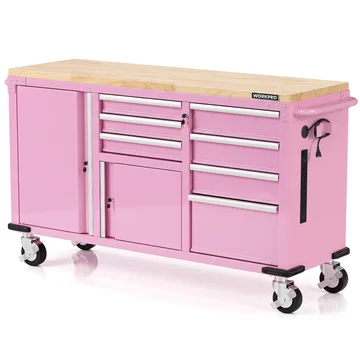 WORKPRO 62" x 20" 7-Drawer & 2-Door Rolling Tool Chest, Mobile Tool Storage Cabinet with Power Strip, Locking System, Heavy Duty Rolling Cabinet for Garage, Home & Kitchen, 1000 lbs Capacity, Pink