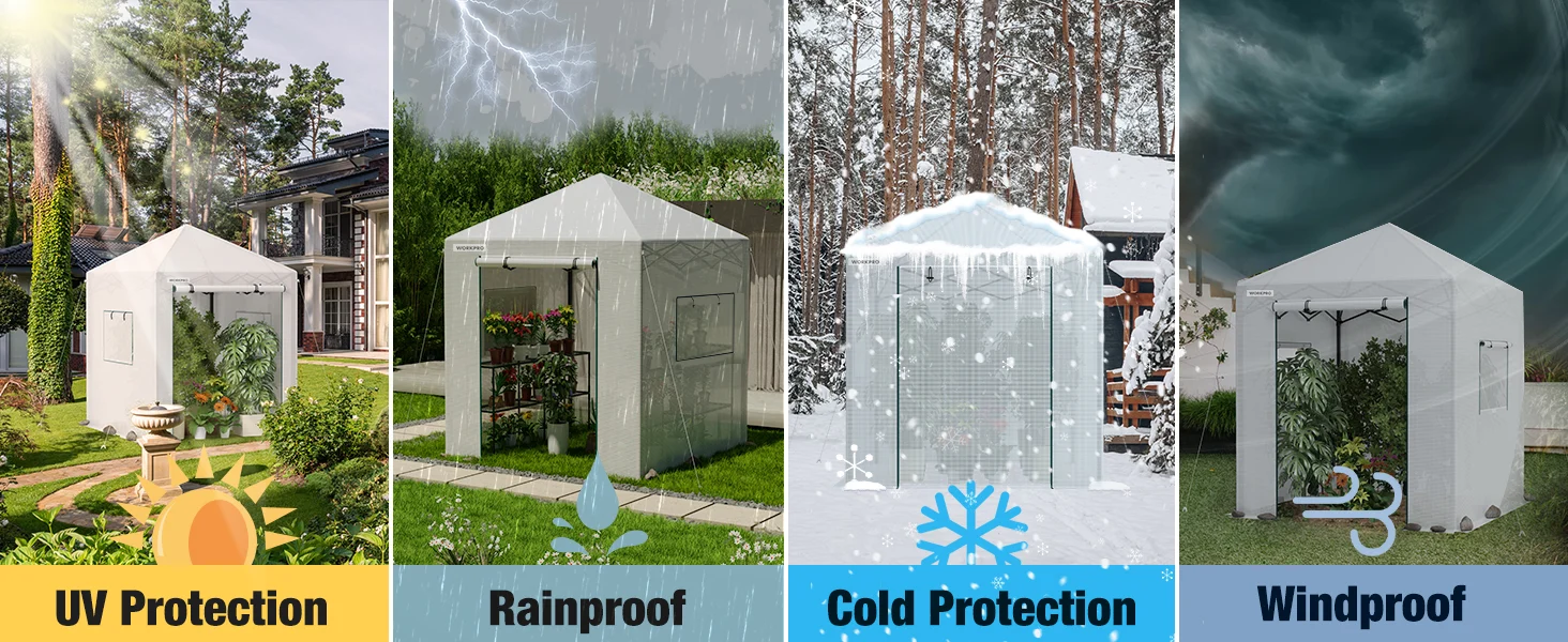 Outdoor tent with UV Protection, Rainproof, Cold Protection, and Windproof panels showing innovation and quality