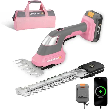 WORKPROX 20V Pink Cordless Grass Shear & Shrubbery Trimmer - 2-in-1 Handheld Electric Grass Trimmer Hedge Shears/Grass Cutter with Tool Bag, Rechargeable Lithium-Ion Battery and Type-C Cable Included