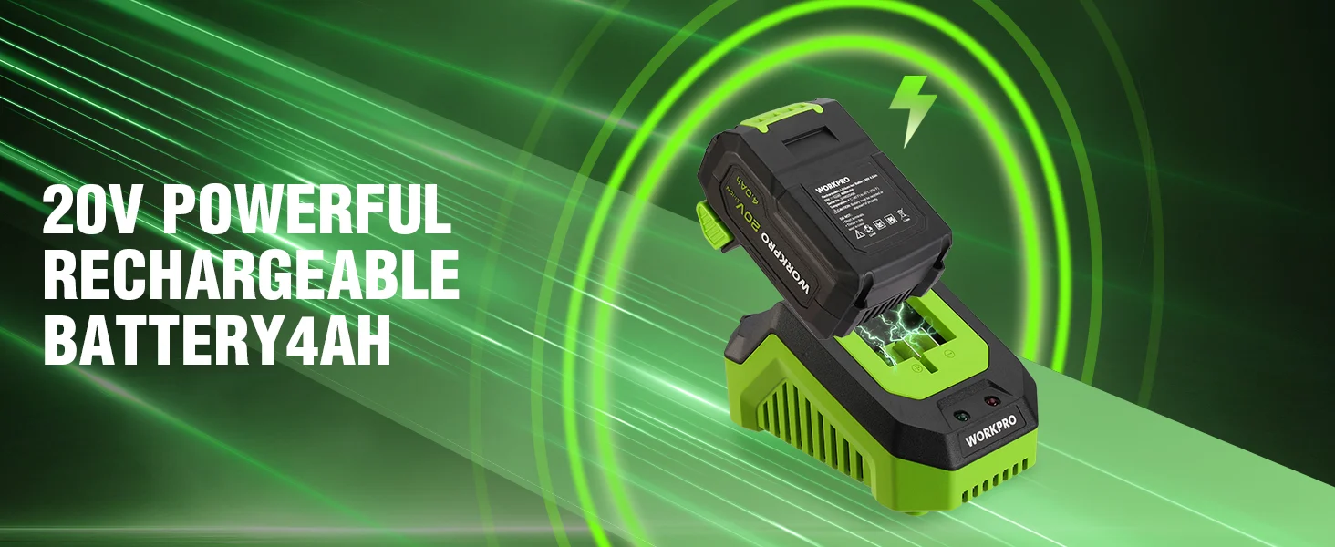 Green power tool battery pack with glowing charge ring, showing innovation, quality, and secure durable design