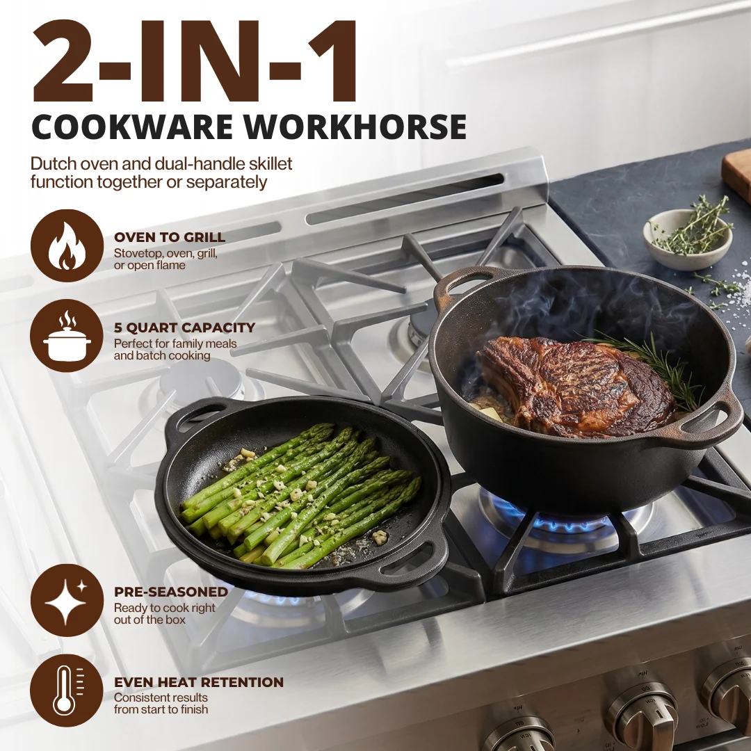 5 Quart Cast Iron Double Dutch Oven and Matching Skillet Lid Combo