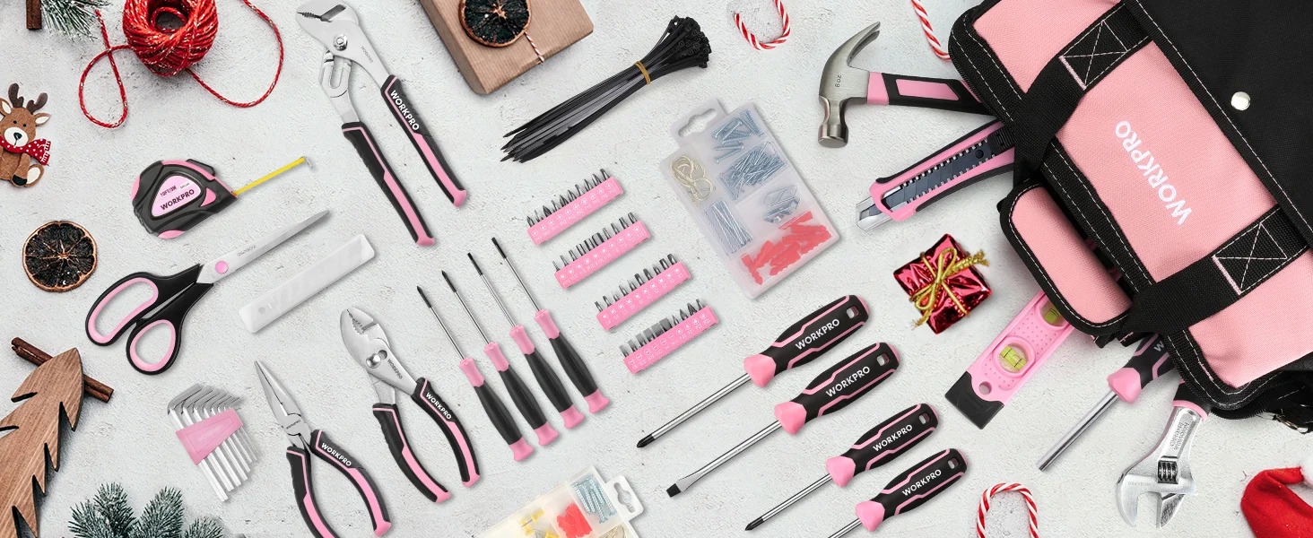 Tools and hardware kit on a white workbench, with innovation and quality implied by neatly organized durable items