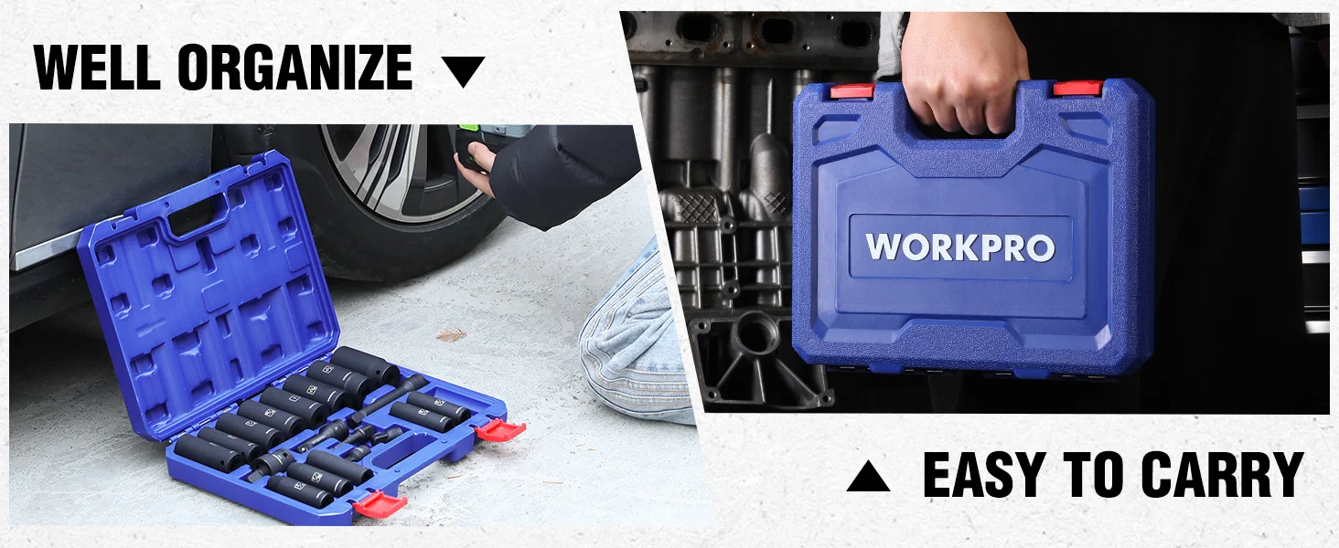 Blue tool case with sockets and a hand holding it, showing innovation and convenient storage for quality work
