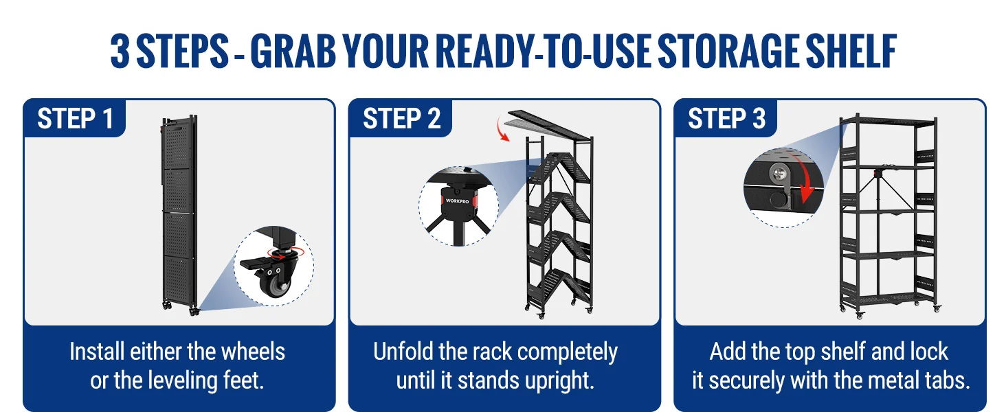 Metal storage shelf assembly diagram with three steps, showing wheels, leveling feet, and locking tabs for secure setup
