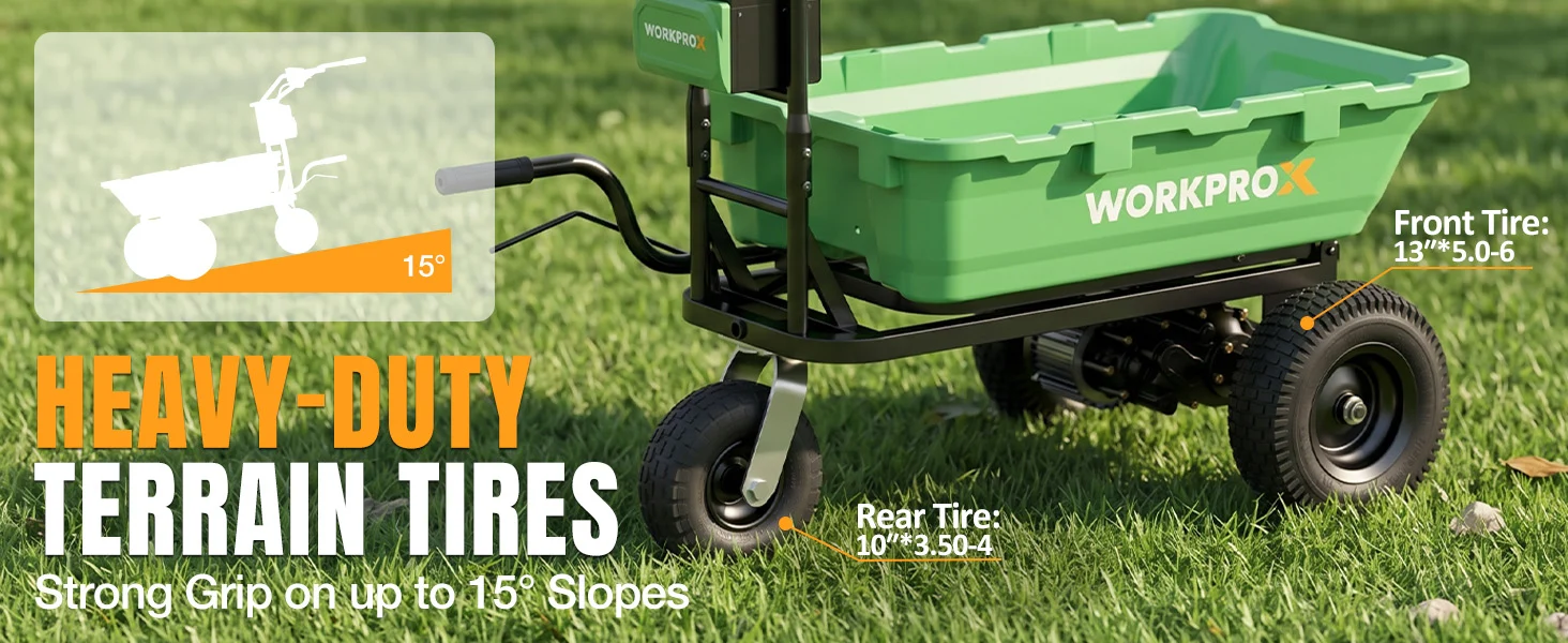 Green garden utility cart with large tread tires on grass, showing front and rear tire sizes
