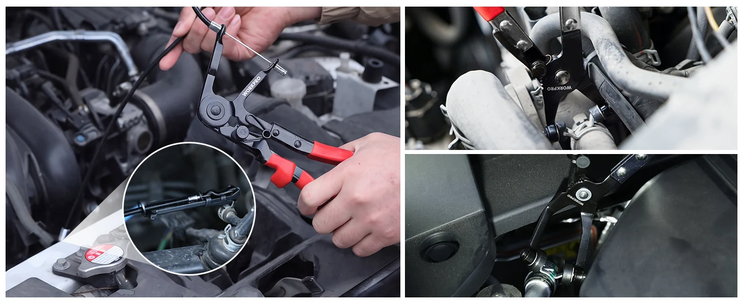 Mechanic using pliers and tools in an engine bay, showing innovation, quality, and secure work steps