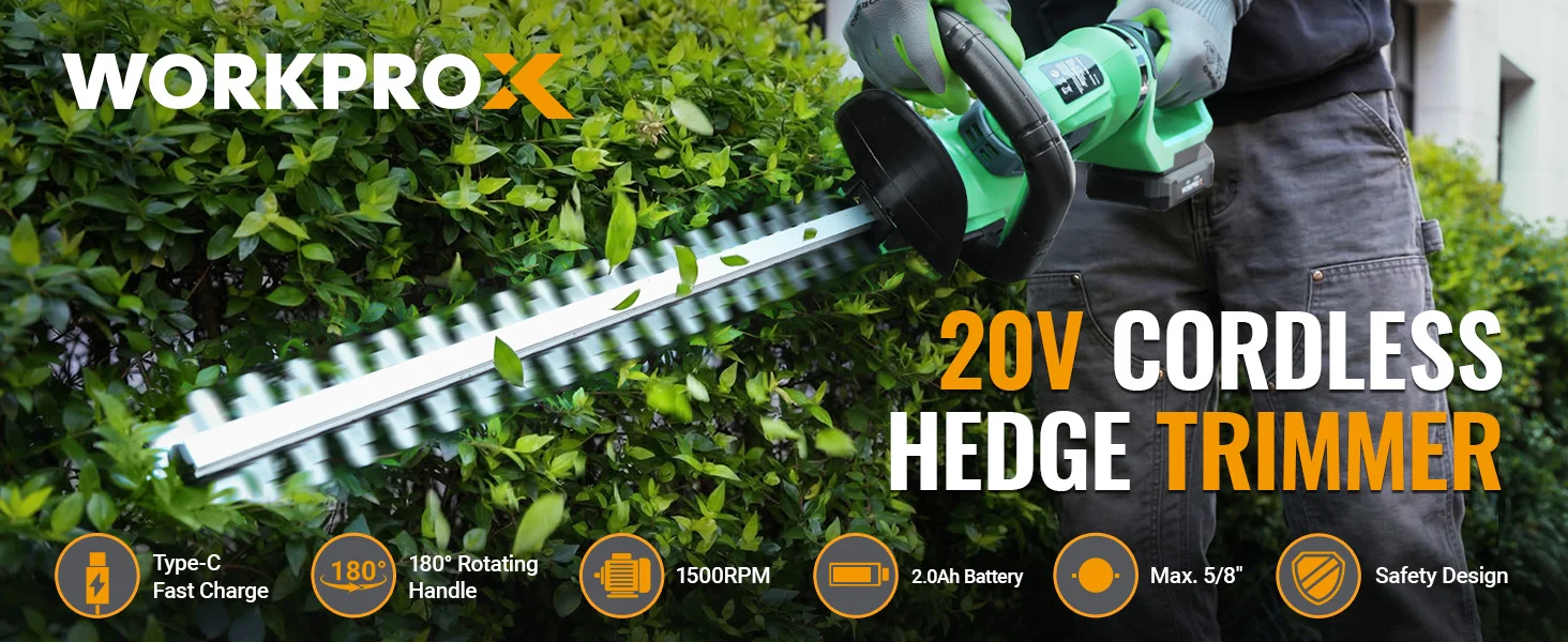 Outdoor hedge trimmer with green battery tool cutting dense green shrubs, with rotating handle and safety design
