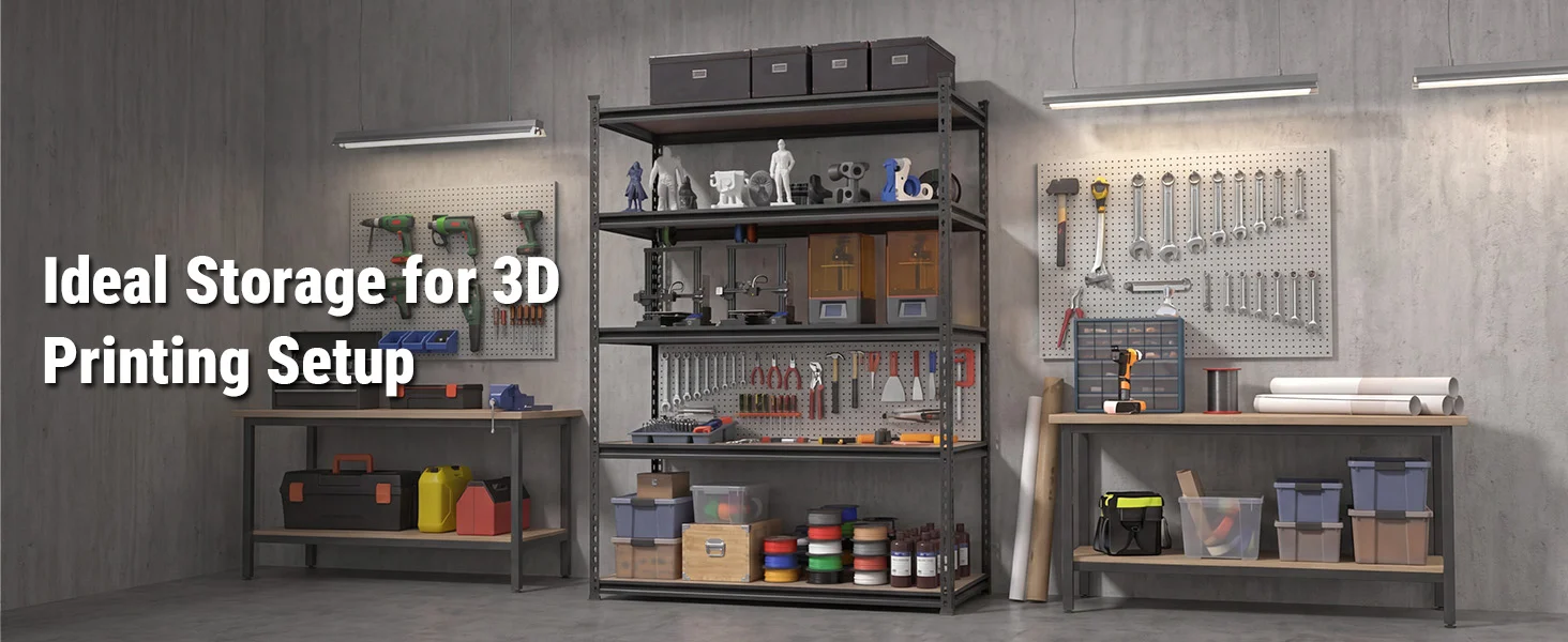 Workshop storage rack for 3D printing tools and bins, with innovation and quality organization in a concrete room