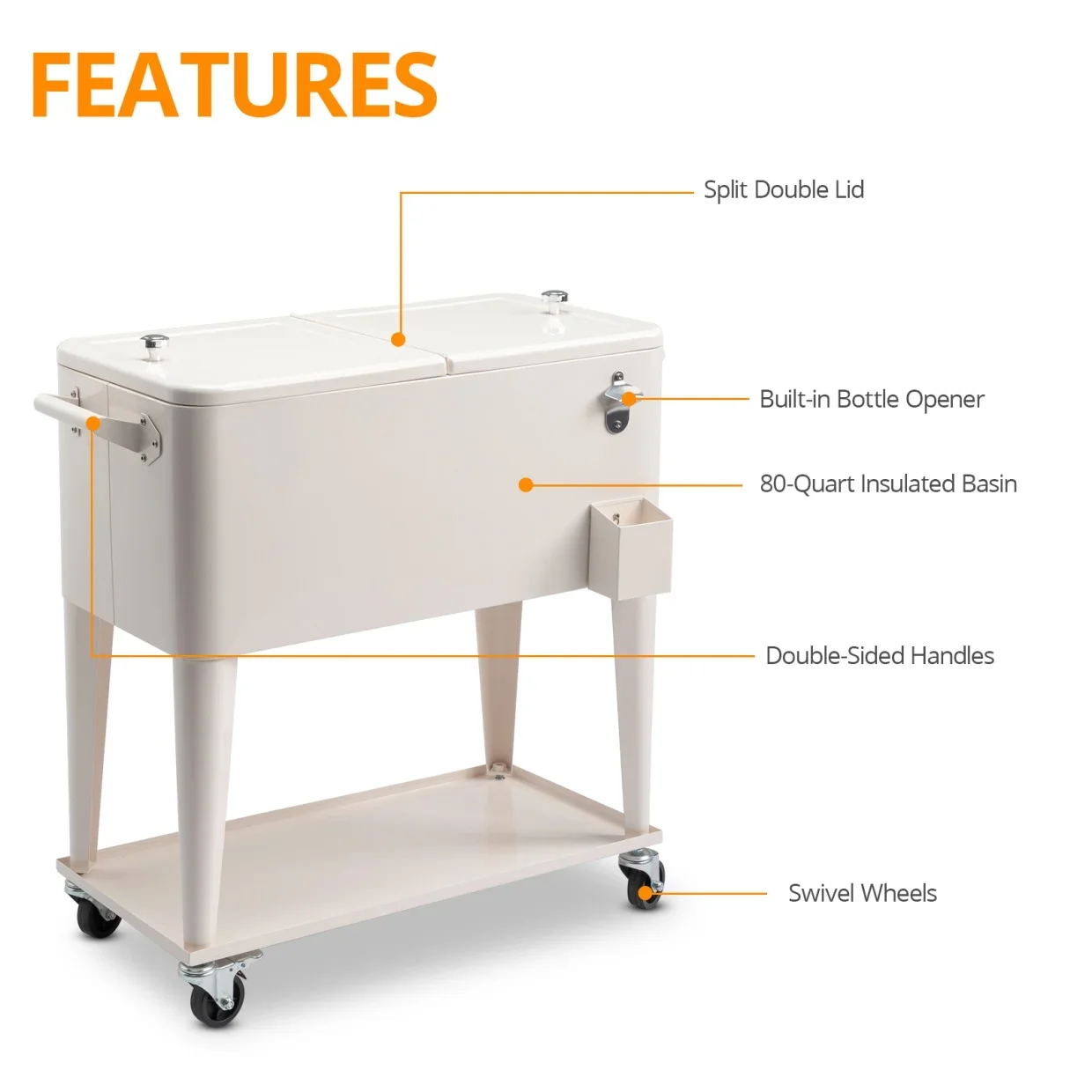 80Qt All-In-One Cooler Cart With Bottle Opener, Lower Storage Shelf and Cap Catcher, Outdoor Party Rolling Cooler With Lockable Wheels For Pool Side, Patio, Balcony, Mint(33.07 x 15.16 x 35.83)" - Image 19