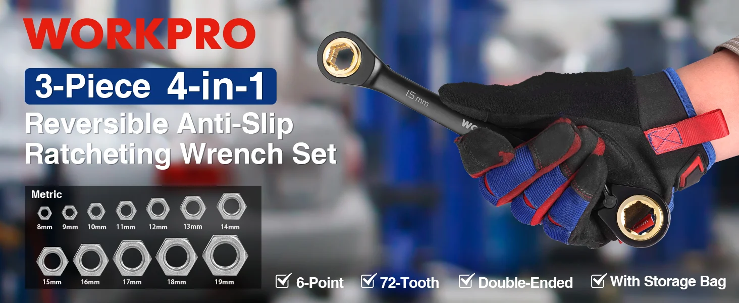 Gloved hand holding a ratcheting wrench set with open-end sockets, black and blue, on a workshop background