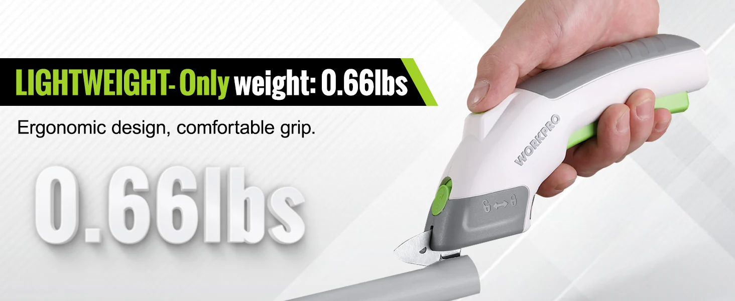 Hand holding a work tool stapler with green accents, showing 0.66 lbs and text about ergonomic design