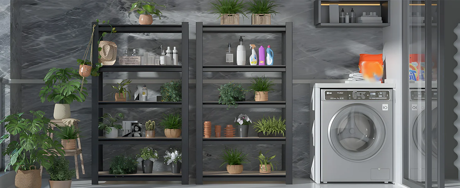 Kitchen appliance area with open shelving of plants and bottles, showing innovation and quality in a clean space